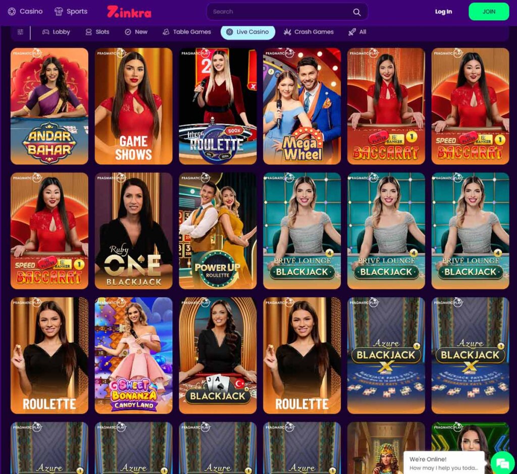 Zinkra Casino desktop live casino screenshot showing real-dealer tables including roulette, blackjack and baccarat with lobby navigation - tested