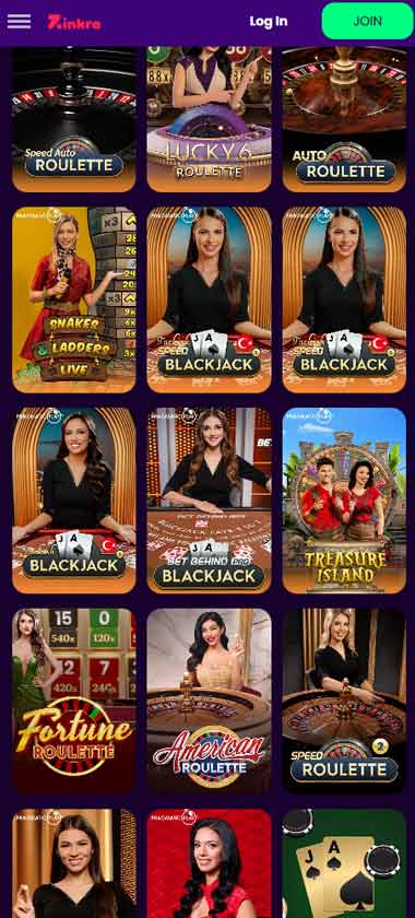 Zinkra Casino mobile live casino screenshot showing real-dealer tables including roulette, blackjack and baccarat on smartphone interface - tested