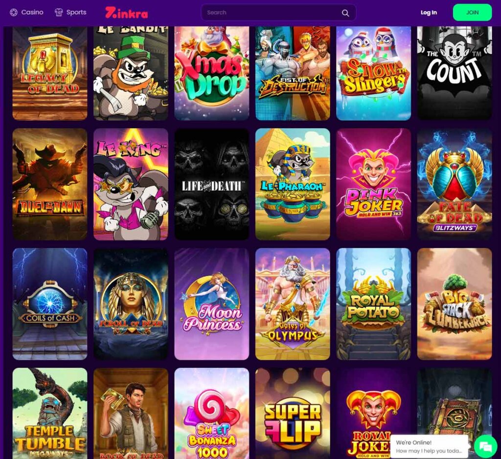 Zinkra Casino desktop slots screenshot showing slot game categories, featured titles and filtering options - tested