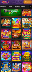 Zodiac Casino mobile interface screenshot showing the game selection in the slots lobby - tested