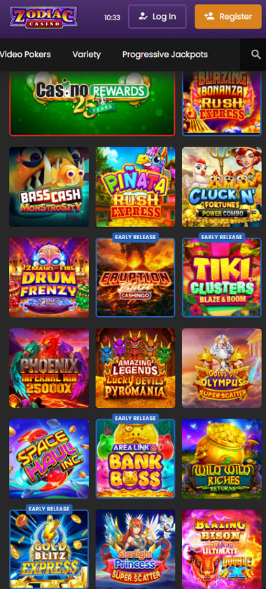 Zodiac Casino mobile interface screenshot showing the game selection in the slots lobby   tested