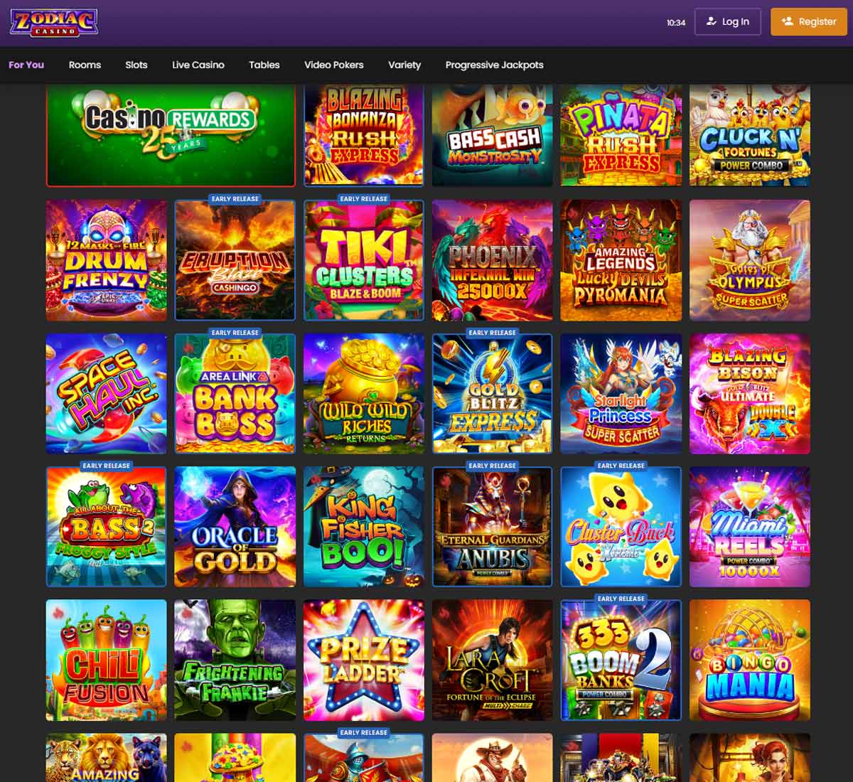 Zodiac Casino desktop interface screenshot displaying a variety of popular slot titles   tested