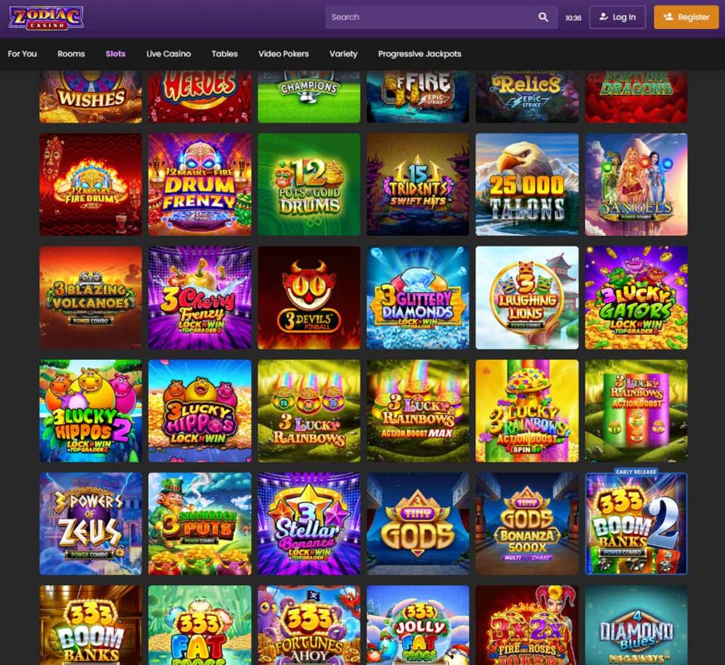 Zodiac Casino desktop interface screenshot showing the main slots lobby with a variety of games - tested