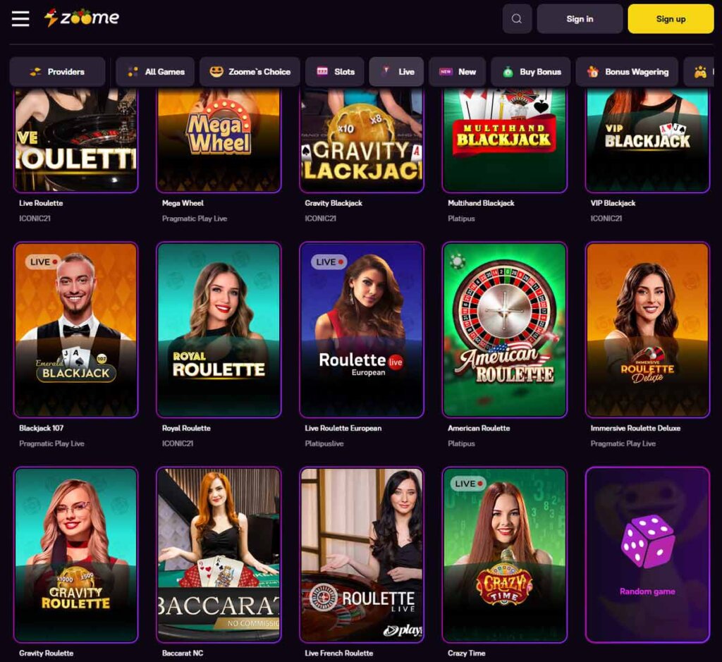 Zoome Casino desktop live casino screenshot showing real-dealer tables including roulette, blackjack and baccarat with lobby navigation - tested