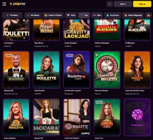 Zoome Casino desktop live casino screenshot showing real-dealer tables including roulette, blackjack and baccarat with lobby navigation - tested