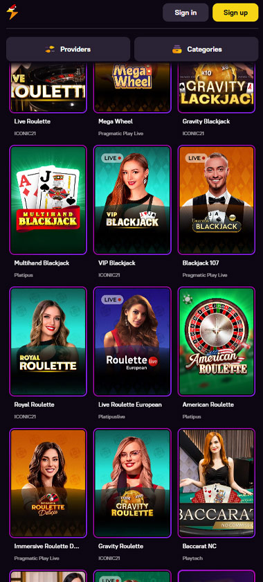 Zoome Casino mobile live casino screenshot showing real-dealer tables including roulette, blackjack and baccarat on smartphone interface - tested
