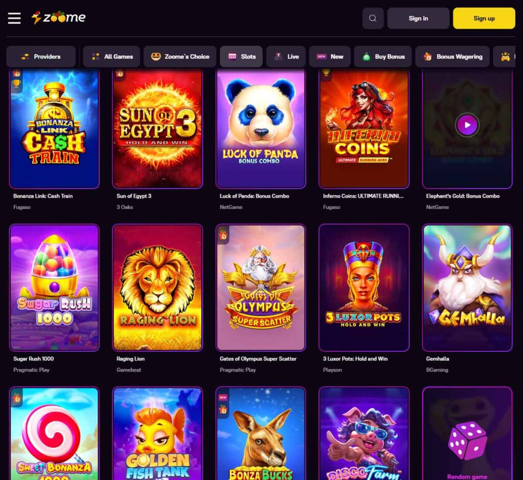 Zoome Casino desktop slots screenshot showing slot game categories, featured titles and filtering options - tested