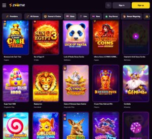 Zoome Casino desktop slots screenshot showing slot game categories, featured titles and filtering options - tested