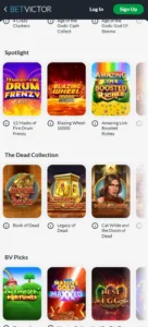 BetVictor Casino mobile game selection screenshot showing casino game categories, featured titles and navigation menu on smartphone screen - tested
