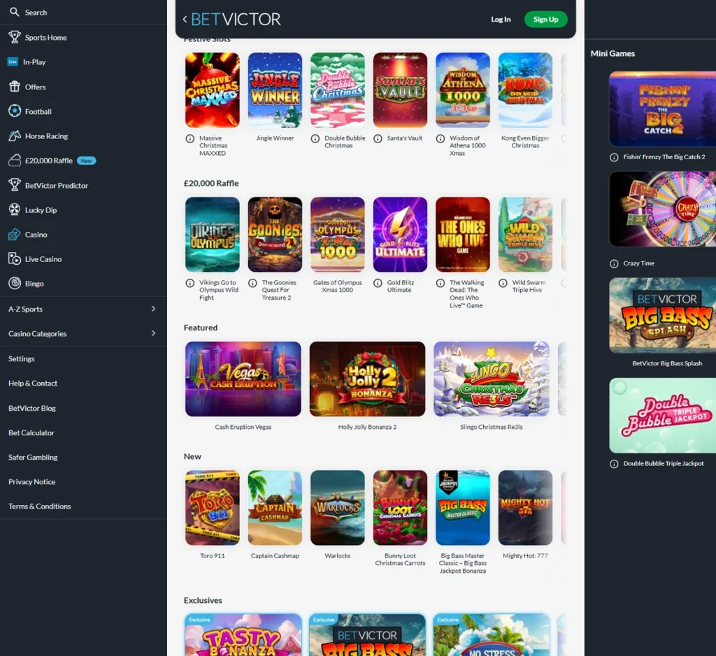 Betvictor Casino desktop homepage screenshot showing navigation menu, featured promotions and highlighted casino games - tested
