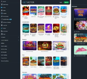 Betvictor Casino desktop homepage screenshot showing navigation menu, featured promotions and highlighted casino games - tested