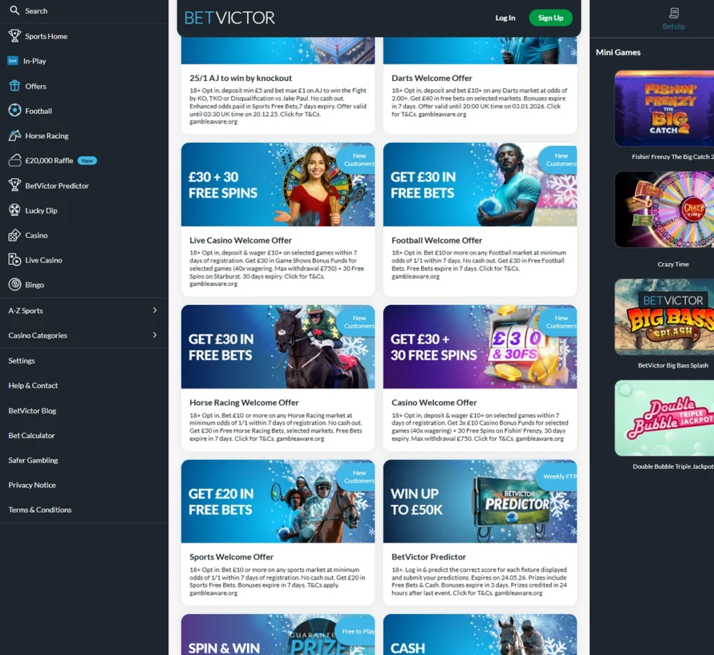 BetVictor Casino desktop offers screenshot showing active promotions, bonus deals and promotional banners with terms displayed - tested
