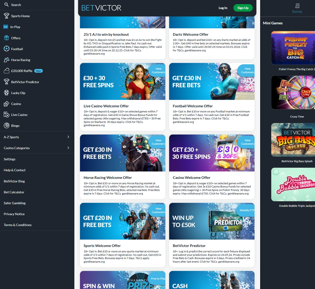 BetVictor Casino desktop offers screenshot showing active promotions, bonus deals and promotional banners with terms displayed   tested