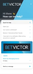 BetVictor Casino mobile support screenshot showing customer support options, help sections and contact methods on smartphone interface - tested