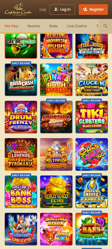Captaincooks Casino mobile homepage screenshot showing navigation menu, featured bingo rooms and promotions on smartphone interface   tested