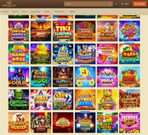 Captaincooks Casino desktop homepage screenshot showing main navigation menu, featured promotions and highlighted casino games - tested