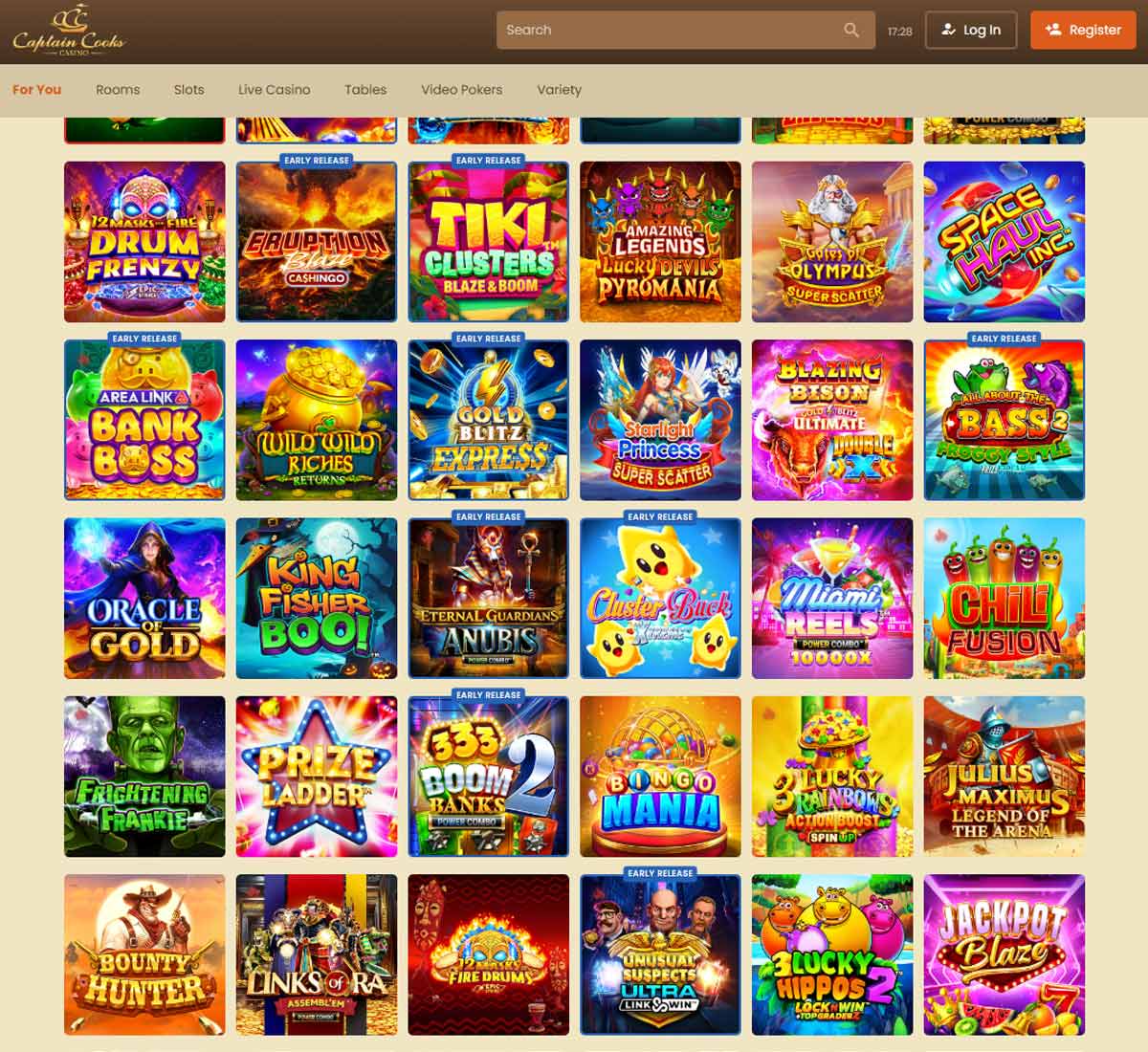 Captaincooks Casino desktop homepage screenshot showing main navigation menu, featured promotions and highlighted casino games   tested