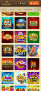 Captaincooks Casino mobile slots screenshot showing slot game categories, featured titles and navigation on smartphone interface - tested