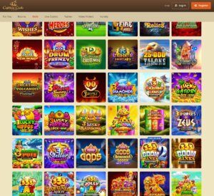 Captaincooks Casino desktop slots screenshot showing slot game categories, featured titles and filtering options - tested