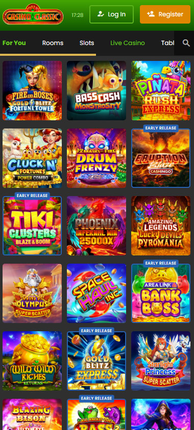 Casino Classic mobile interface screenshot showing the game selection in the slots lobby   tested