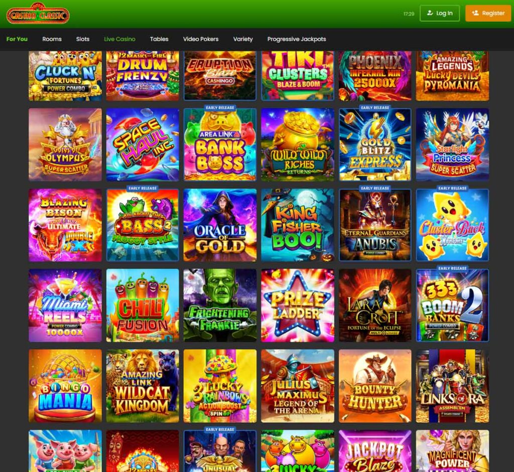 Casino Classic desktop interface screenshot displaying a wide variety of popular slot titles - tested