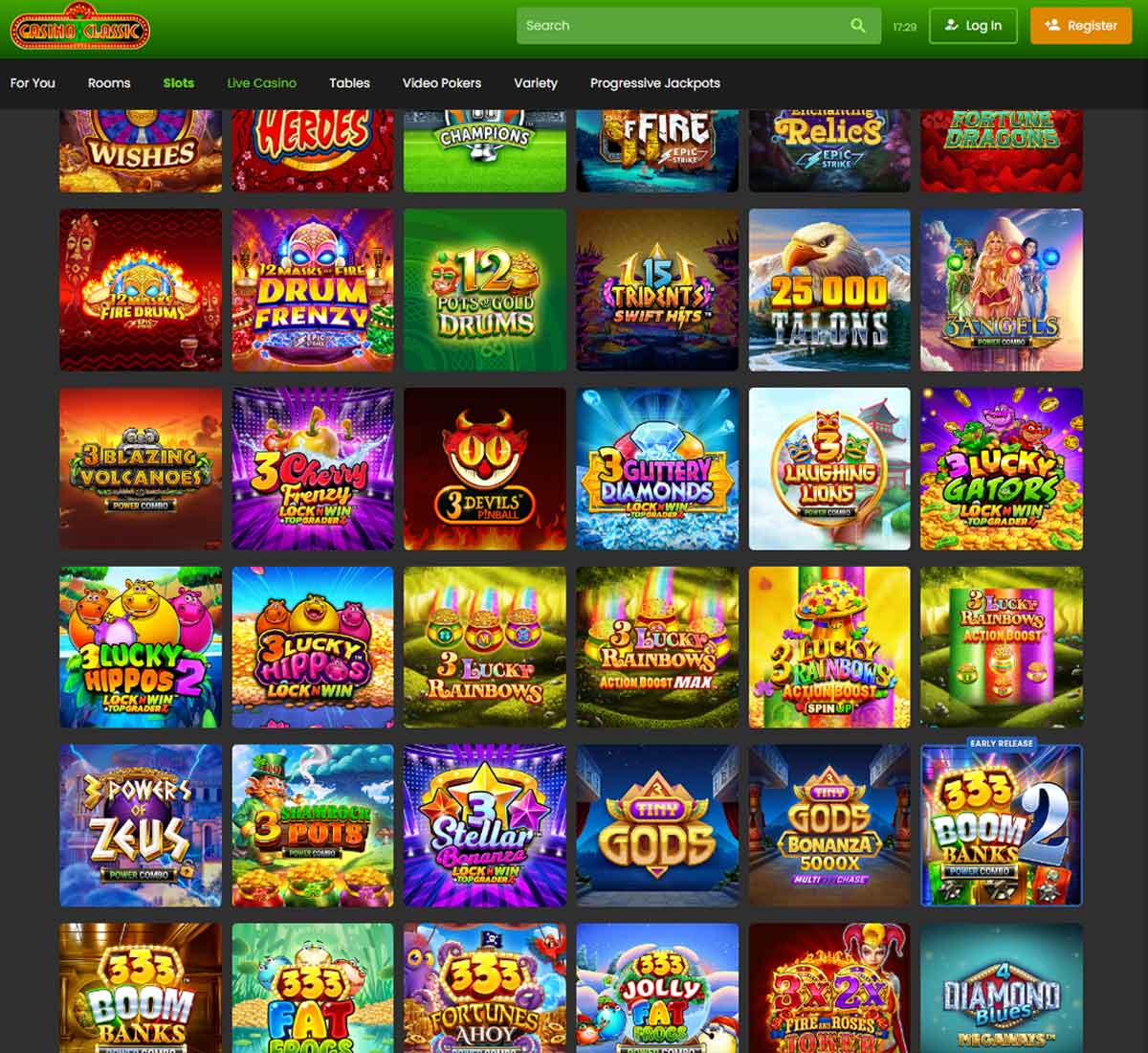 Casino Classic desktop interface screenshot showing the main slots lobby with a variety of games   tested
