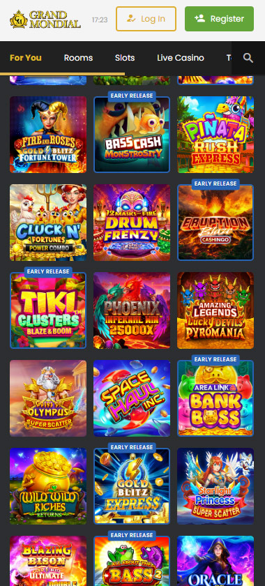 Grandmondial Casino mobile interface screenshot displaying a variety of popular slot titles   tested during our analysis