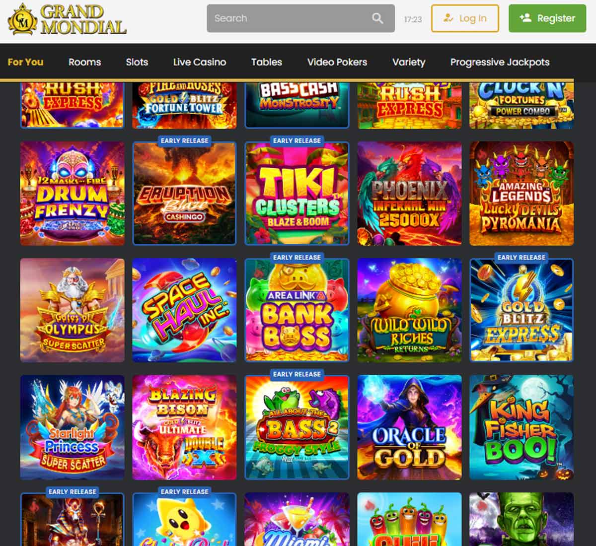 Grandmondial Casino mobile interface screenshot showing the slot game selection   tested