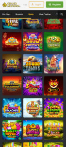 Grandmondial Casino mobile interface screenshot showing popular slot games available for play - tested
