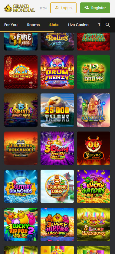 Grandmondial Casino mobile interface screenshot showing popular slot games available for play   tested
