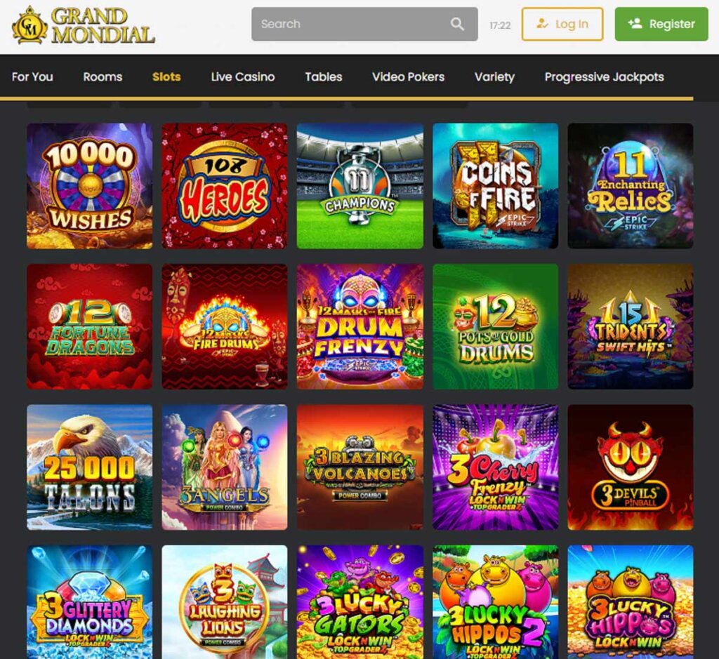 Grandmondial Casino desktop interface screenshot showing the main slots lobby with a variety of games - tested