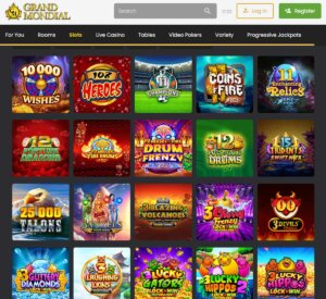 Grandmondial Casino desktop interface screenshot showing the main slots lobby with a variety of games - tested