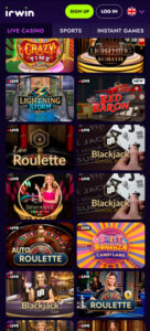 Irwin Casino mobile live casino showing games with crupier - tested