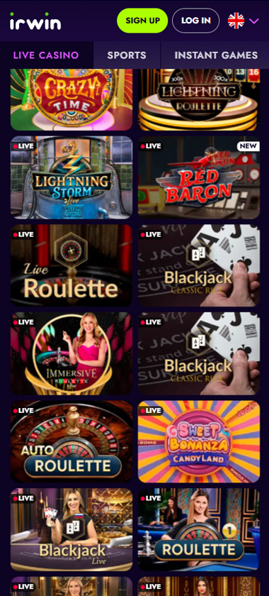 Irwin Casino mobile live casino showing games with crupier   tested