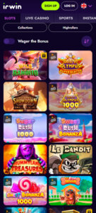 Irwin Casino mobile slots showing the slots lobby - tested