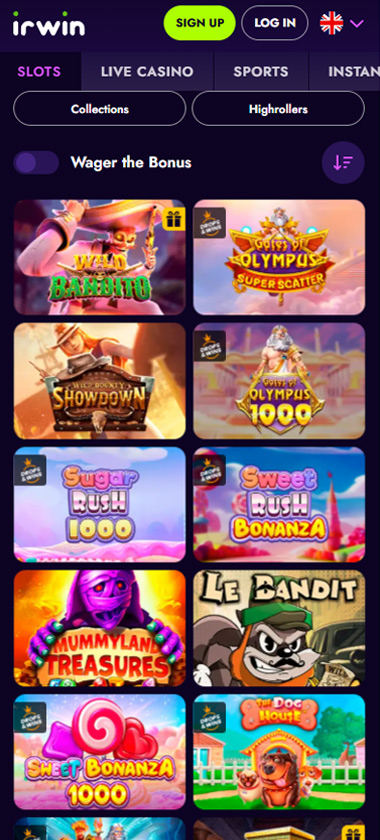 Irwin Casino mobile slots showing the slots lobby   tested
