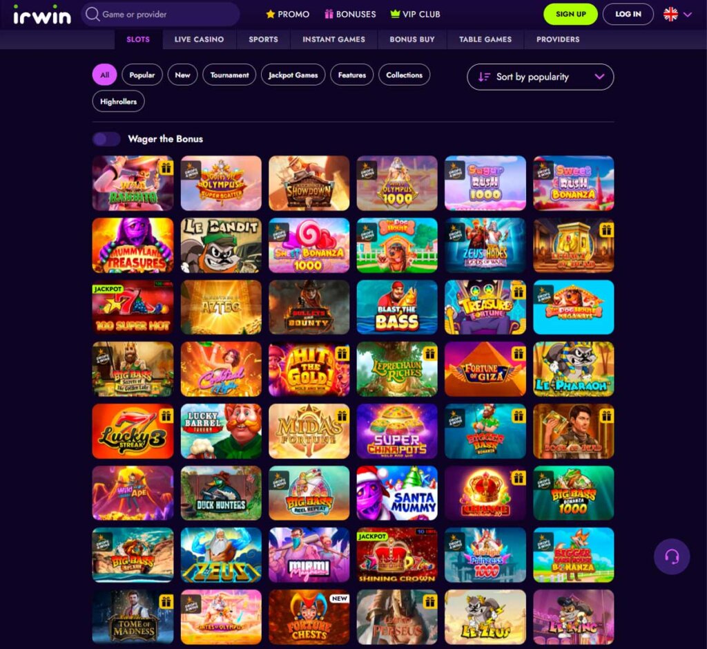 Irwin Casino desktop slots variety screenshot displaying featured slots, game categories and filtering options - tested