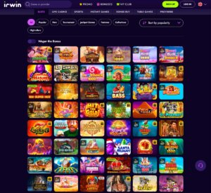 Irwin Casino desktop slots showing the slots lobby - tested