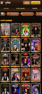 Lizaro Casino mobile screenshot showing live dealer games library and game thumbnails - tested