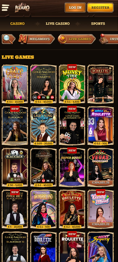Lizaro Casino mobile screenshot showing live dealer games library and game thumbnails   tested