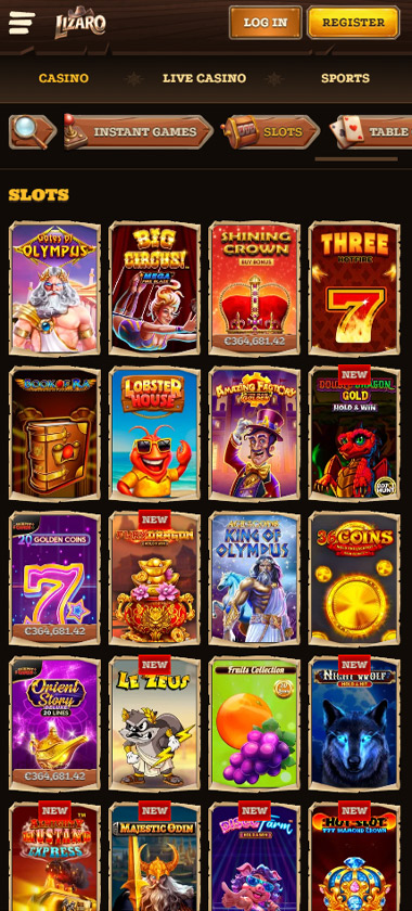 Lizaro Casino mobile interface screenshot displaying slot games grid and navigation   tested