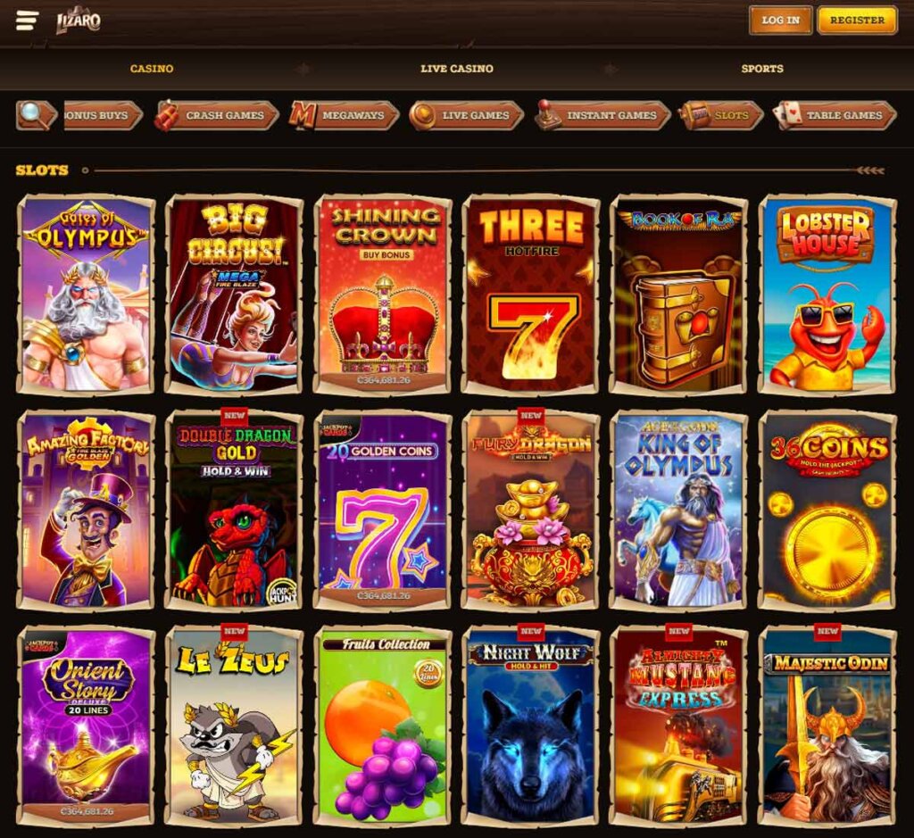 Lizaro Casino desktop homepage screenshot showing 11,311 slots game lobby with Play'n GO and Pragmatic Play titles - tested