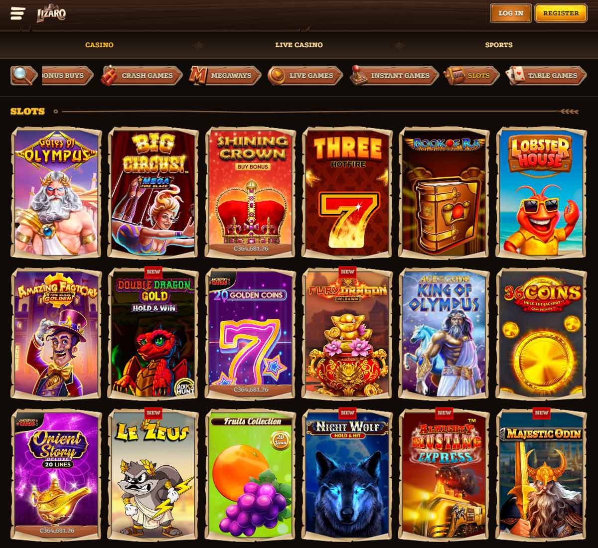 Lizaro Casino desktop homepage screenshot showing 11,311 slots game lobby with Play'n GO and Pragmatic Play titles   tested