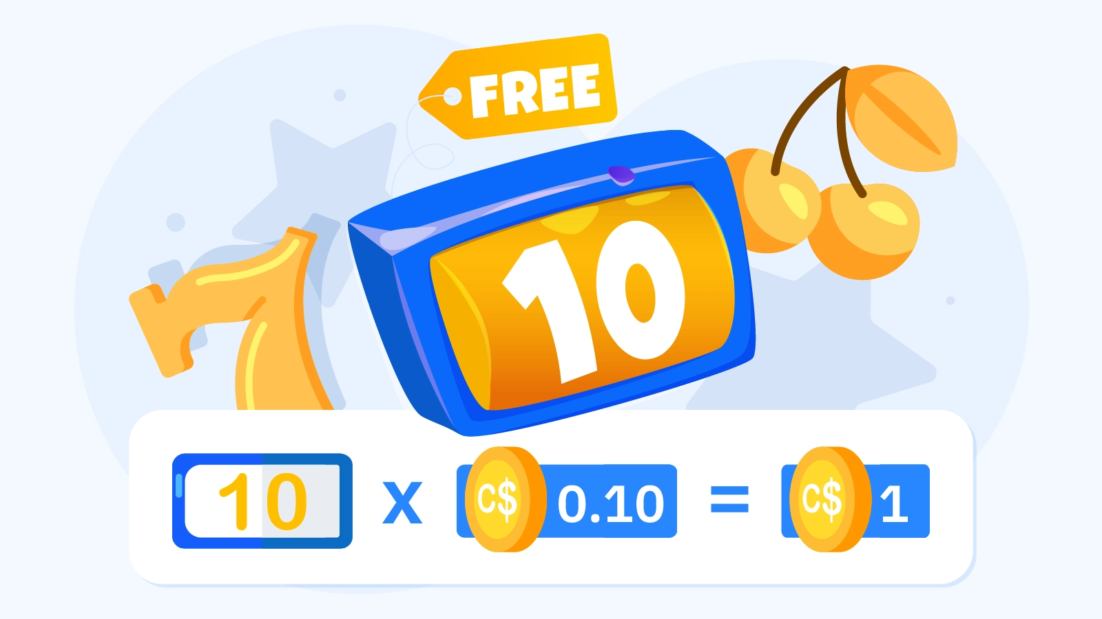 Value breakdown infographic showing 10 free spins Canada bonus worth C$1 total, with spin value at C$0.10 each and realistic winning expectations from C$0 to C$5