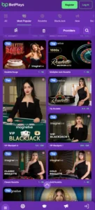 Betplays Casino mobile live casino screenshot showing real-dealer tables including roulette and blackjack with compact lobby layout - tested