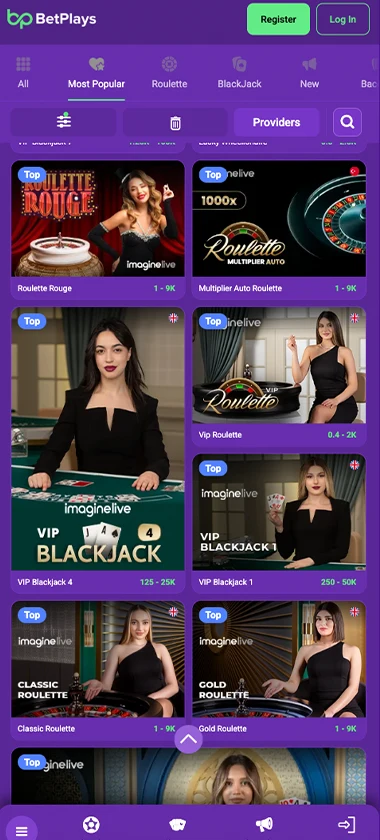 Betplays Casino mobile live casino screenshot showing real-dealer tables including roulette and blackjack with compact lobby layout - tested
