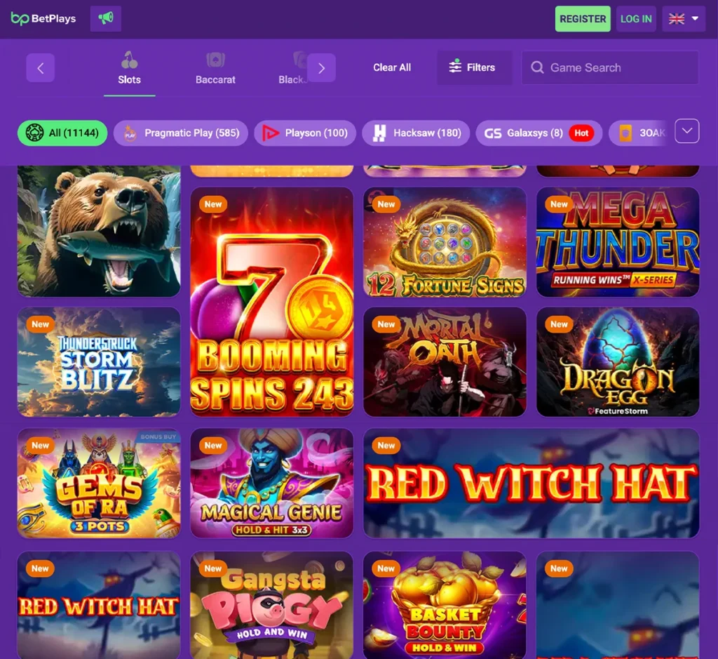 Betplays Casino desktop slots screenshot showing slot game categories, featured titles and filtering options - tested