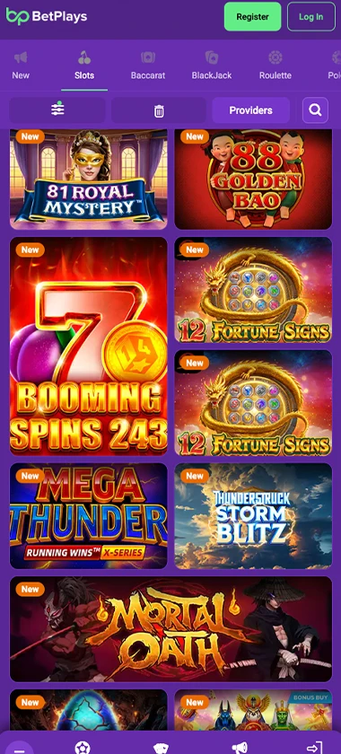 Betplays Casino mobile slots screenshot showing slot game thumbnails, categories and mobile navigation layout - tested