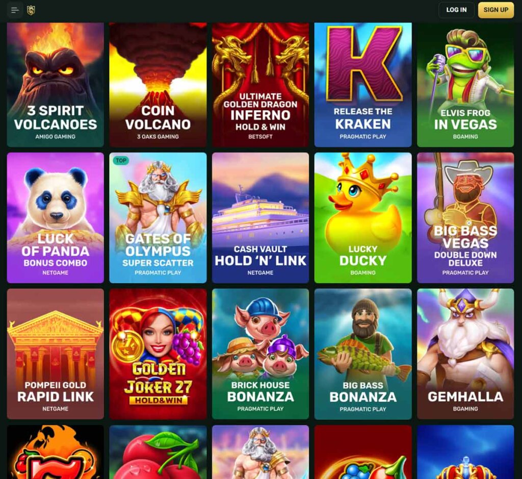 Goldexcasino Casino desktop slots screenshot showing slot game categories, featured titles and filtering options - tested