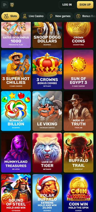 Goldexcasino Casino mobile slots screenshot showing slot game categories, featured titles and navigation on smartphone interface - tested